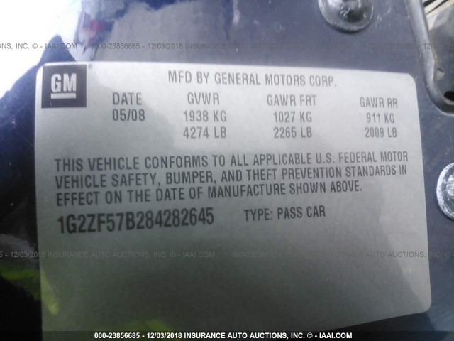 1G2ZF57B284282645 - 2008 PONTIAC G6 VALUE LEADER/BASE BLUE photo 9