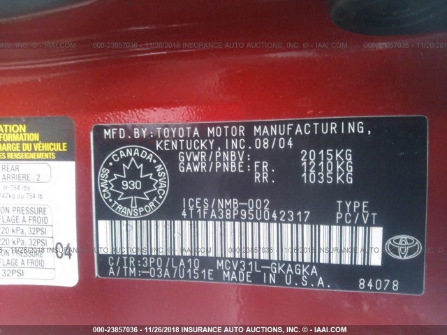 4T1FA38P95U042317 - 2005 TOYOTA CAMRY SOLARA SE/SLE RED photo 9