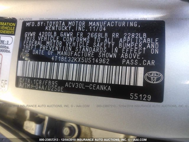 4T1BE32KX5U514962 - 2005 TOYOTA CAMRY LE/XLE/SE SILVER photo 9