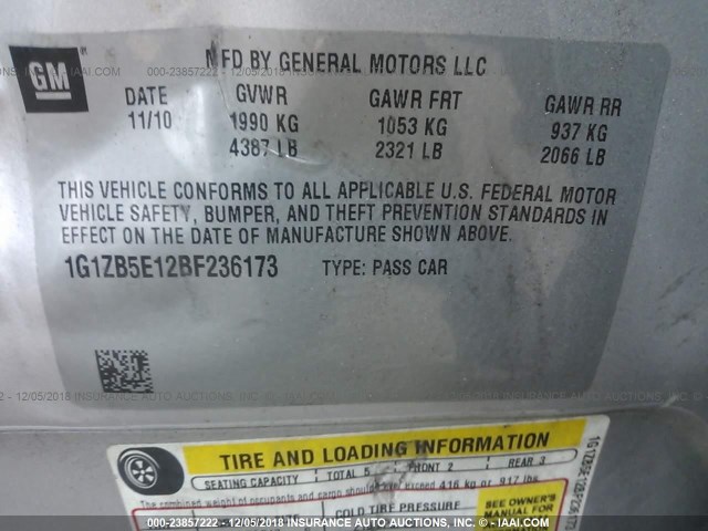 1G1ZB5E12BF236173 - 2011 CHEVROLET MALIBU LS ვერცხლისფერი ფოტო 9