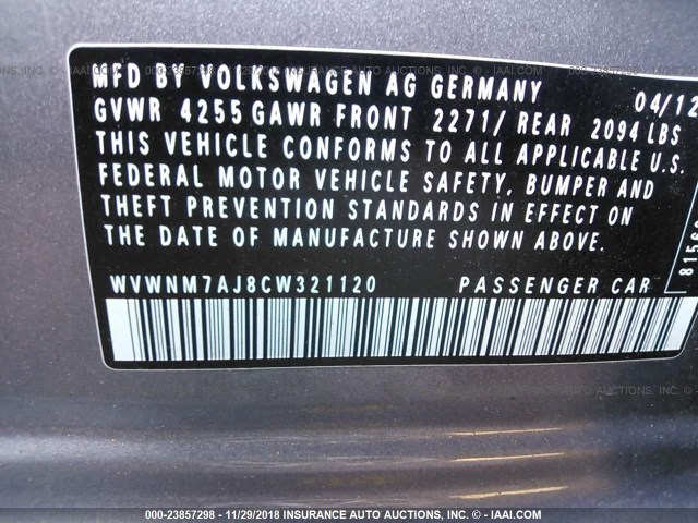 WVWNM7AJ8CW321120 - 2012 VOLKSWAGEN GOLF GRAY photo 9