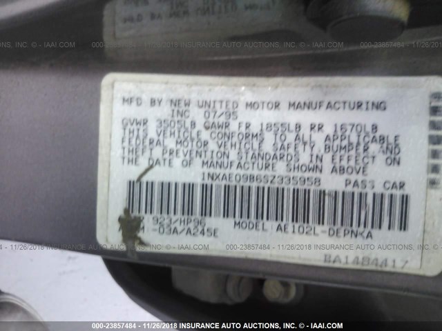 1NXAE09B6SZ335958 - 1995 TOYOTA COROLLA LE/DX GRAY photo 9