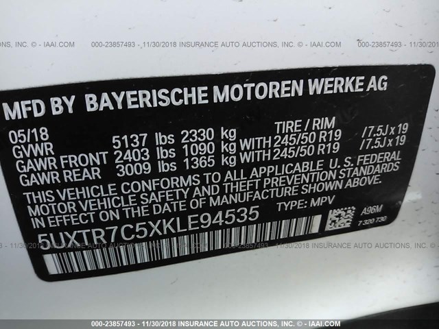 5UXTR7C5XKLE94535 - 2019 BMW X3 SDRIVE30I WHITE photo 9