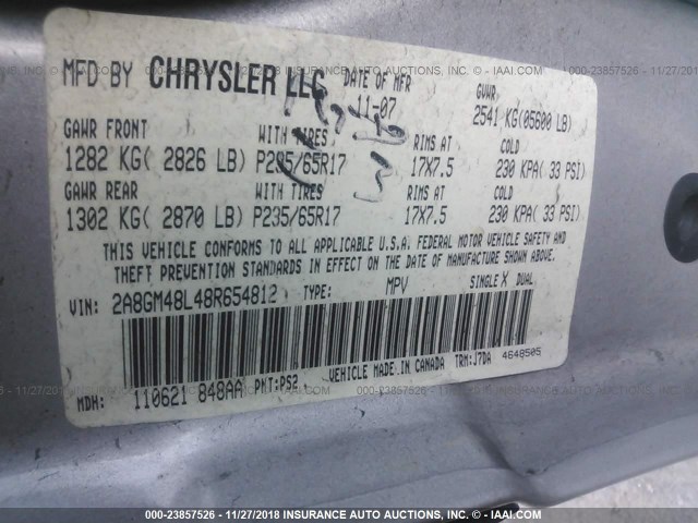 2A8GM48L48R654812 - 2008 CHRYSLER PACIFICA LX SILVER photo 9