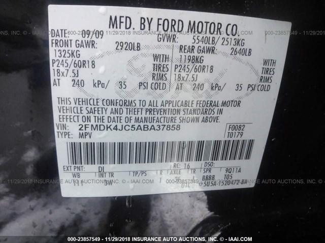 2FMDK4JC5ABA37858 - 2010 FORD EDGE SEL BLACK photo 9