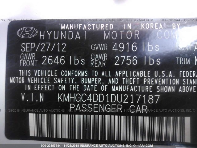 KMHGC4DD1DU217187 - 2013 HYUNDAI GENESIS 3.8L WHITE photo 9