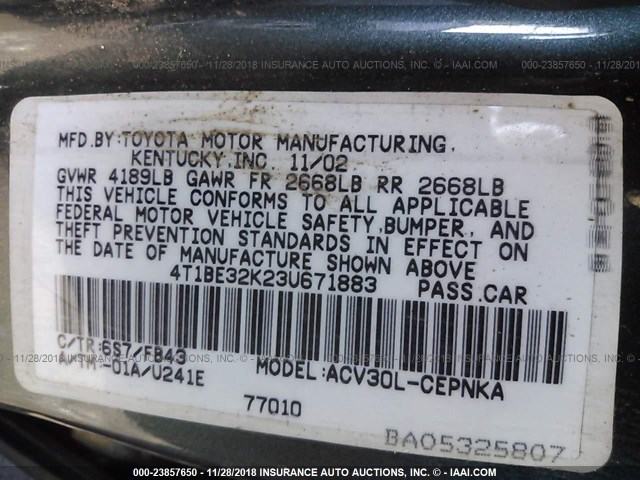 4T1BE32K23U671883 - 2003 TOYOTA CAMRY LE/XLE/SE GREEN photo 9