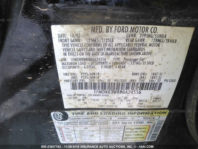 1FMDK03W88GA24556 - 2008 FORD TAURUS X LIMITED BLACK photo 9