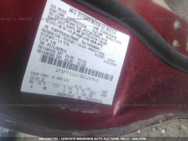 1FAFP55SX3A128943 - 2003 FORD TAURUS SES RED photo 9