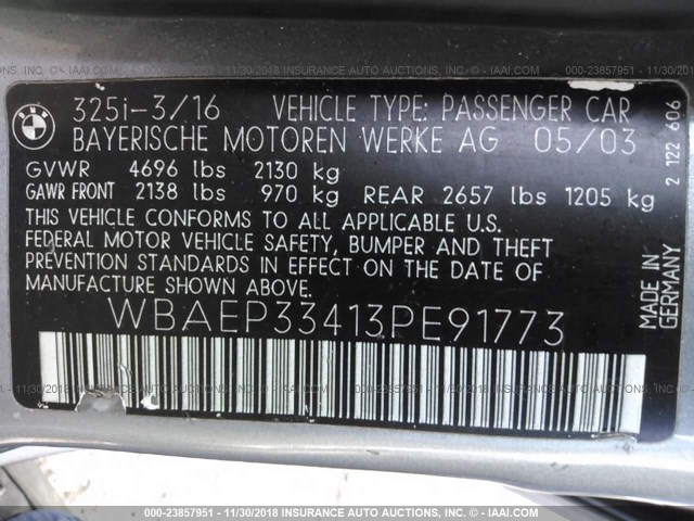 WBAEP33413PE91773 - 2003 BMW 325 XIT GRAY photo 9