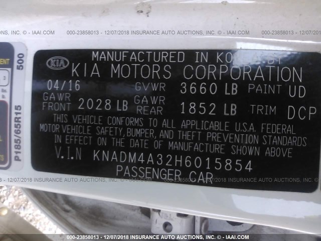 KNADM4A32H6015854 - 2017 KIA RIO LX WHITE photo 9