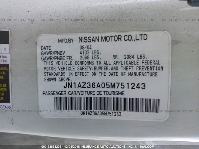 JN1AZ36A05M751243 - 2005 NISSAN 350Z ROADSTER WHITE photo 9