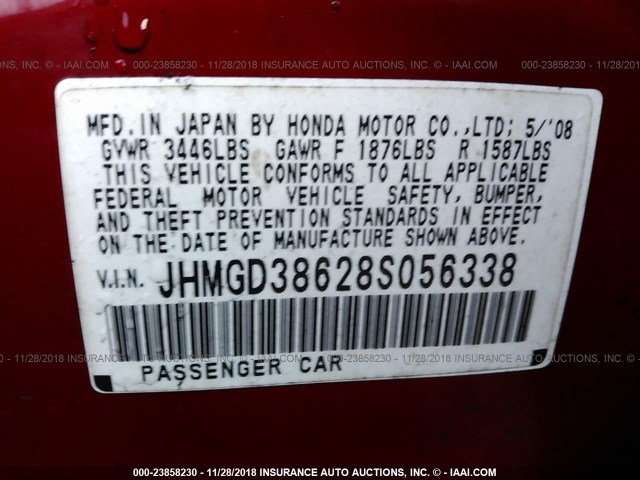 JHMGD38628S056338 - 2008 HONDA FIT SPORT RED photo 9