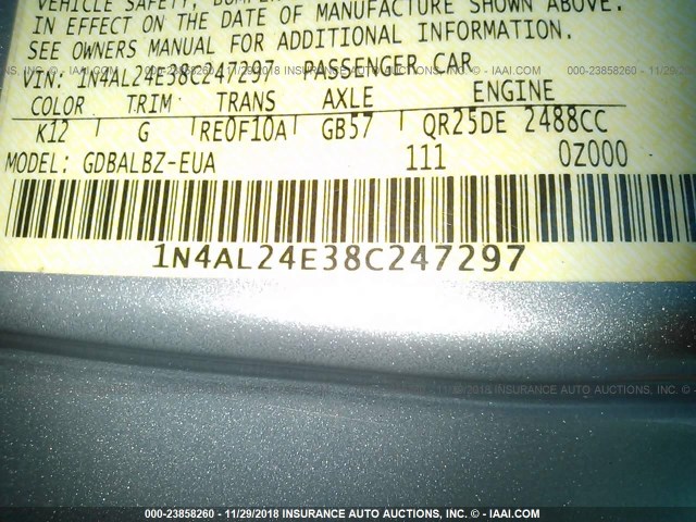 1N4AL24E38C247297 - 2008 NISSAN ALTIMA 2.5S SILVER photo 9