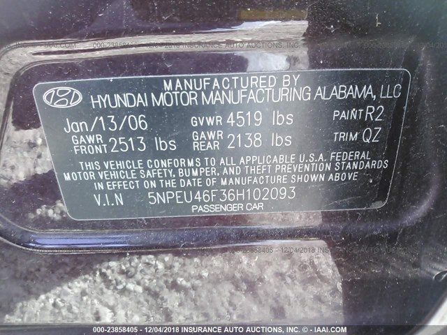 5NPEU46F36H102093 - 2006 HYUNDAI SONATA GLS/LX MAROON photo 9