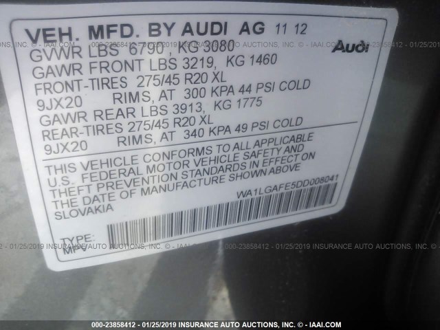 WA1LGAFE5DD008041 - 2013 AUDI Q7 PREMIUM PLUS GRAY photo 9