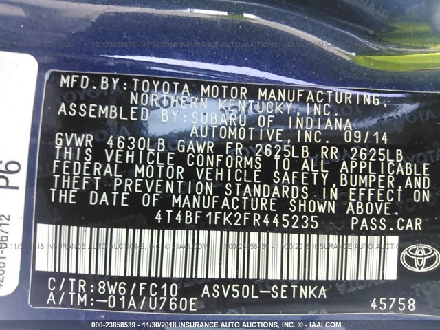 4T4BF1FK2FR445235 - 2015 TOYOTA CAMRY LE/XLE/SE/XSE ლურჯი ფოტო 9