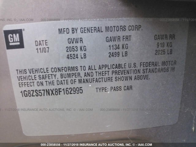 1G8ZS57NX8F162995 - 2008 SATURN AURA XE TAN photo 9