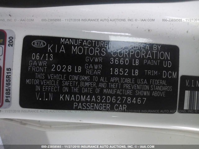 KNADM4A32D6278467 - 2013 KIA RIO LX WHITE photo 9