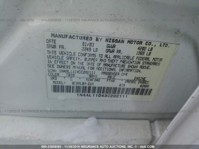 1N4AL11D43C202111 - 2003 NISSAN ALTIMA S/SL WHITE photo 9