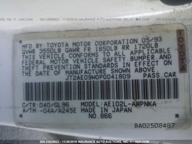 JT2AE09W0P0041809 - 1993 TOYOTA COROLLA DX WHITE photo 9