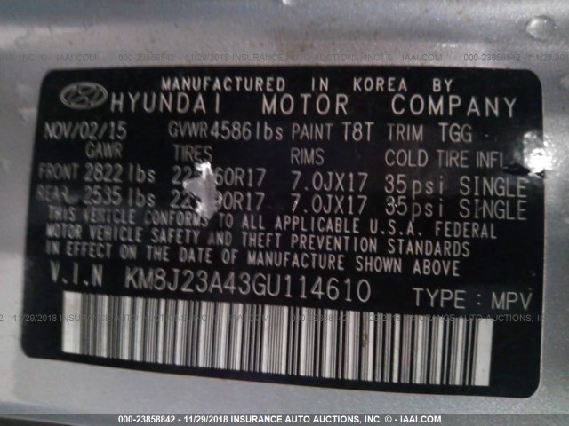 KM8J23A43GU114610 - 2016 HYUNDAI TUCSON SE SILVER photo 9