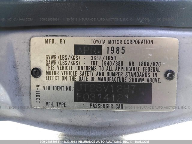 JT2SV12H7F0314121 - 1985 TOYOTA CAMRY DLX BLUE photo 9