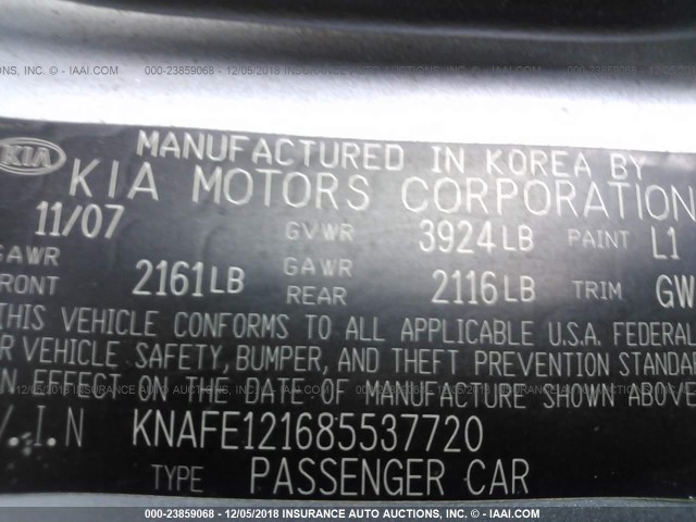 KNAFE121685537720 - 2008 KIA SPECTRA EX/LX/SX BLUE photo 9