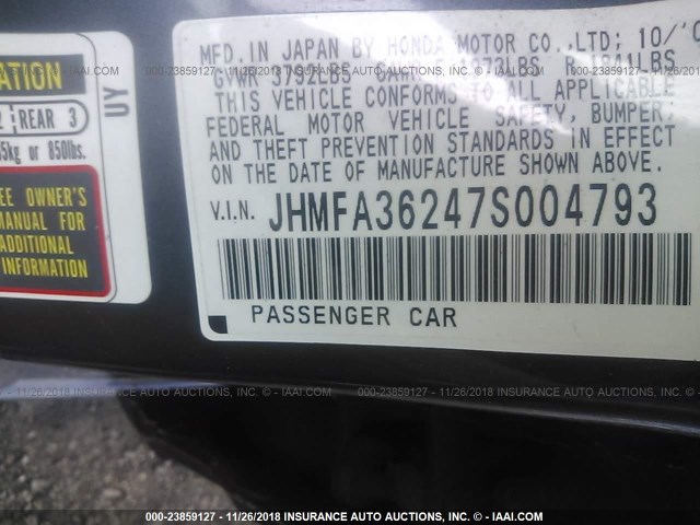 JHMFA36247S004793 - 2007 HONDA CIVIC HYBRID GRAY photo 9