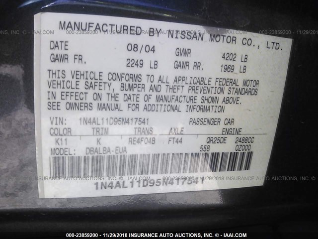 1N4AL11D95N417541 - 2005 NISSAN ALTIMA S/SL GRAY photo 9