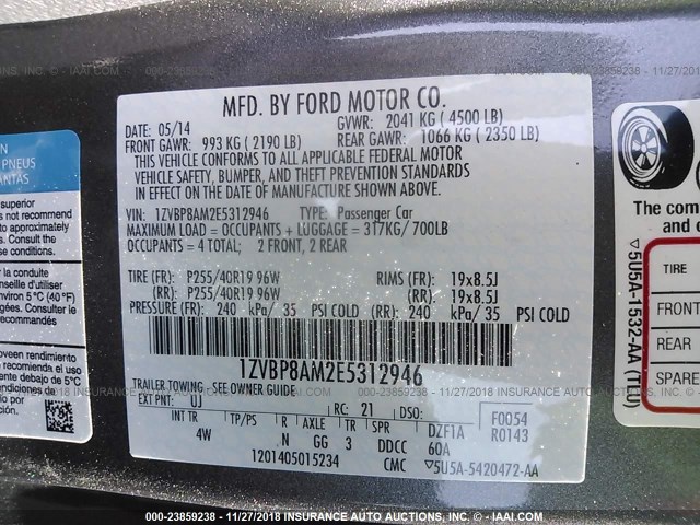 1ZVBP8AM2E5312946 - 2014 FORD MUSTANG GRAY photo 9