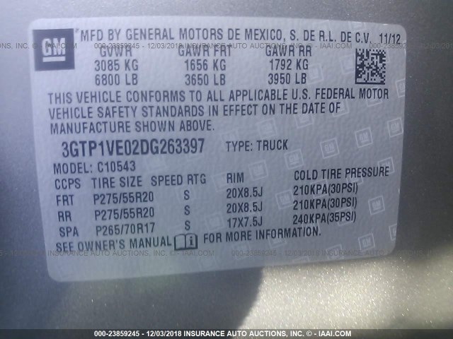 3GTP1VE02DG263397 - 2013 GMC SIERRA C1500 SLE GRAY photo 9