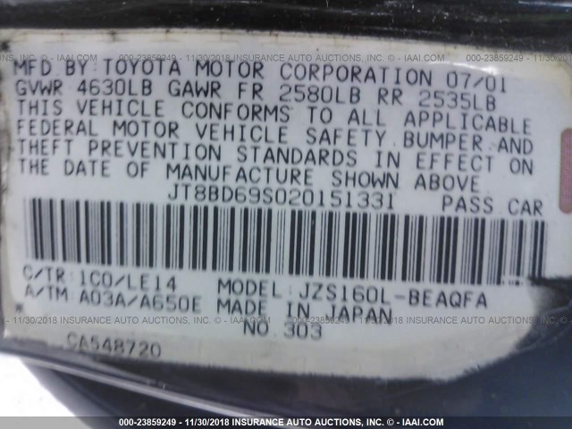 JT8BD69S020151331 - 2002 LEXUS GS 300 BLACK photo 9