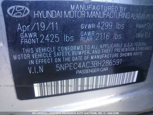 5NPEC4AC3BH286591 - 2011 HYUNDAI SONATA SE/LIMITED SILVER photo 9