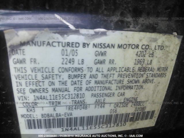 1N4AL11E55C312810 - 2005 NISSAN ALTIMA S/SL BLACK photo 9