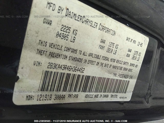 2B3KA43R46H364452 - 2006 DODGE CHARGER SE/SXT BLACK photo 9