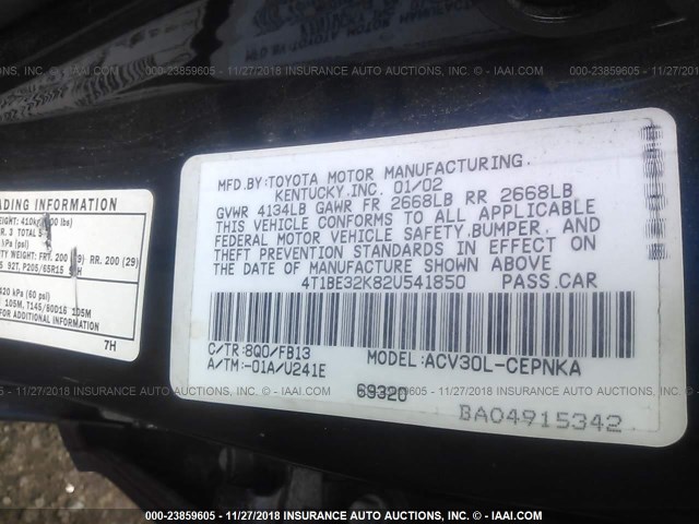 4T1BE32K82U541850 - 2002 TOYOTA CAMRY LE/XLE/SE BLUE photo 9