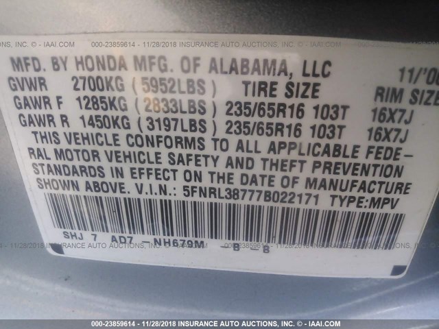 5FNRL38777B022171 - 2007 HONDA ODYSSEY EXL BLUE photo 9