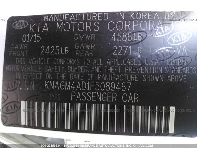 KNAGM4AD1F5089467 - 2015 KIA OPTIMA HYBRID WHITE photo 9