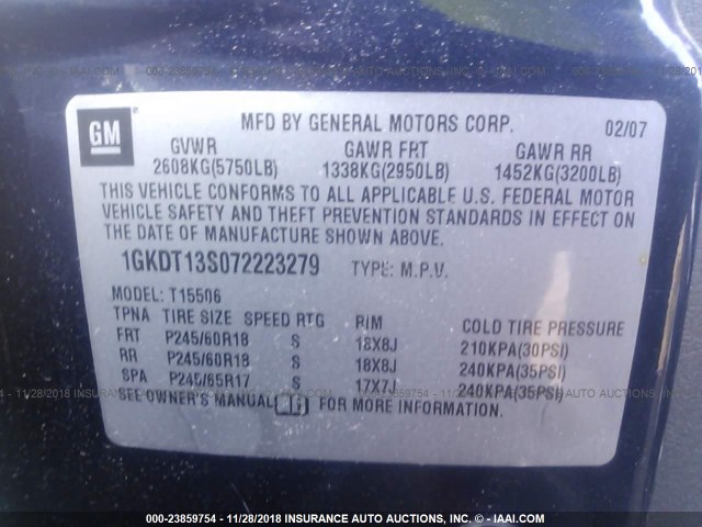 1GKDT13S072223279 - 2007 GMC ENVOY BLUE photo 9