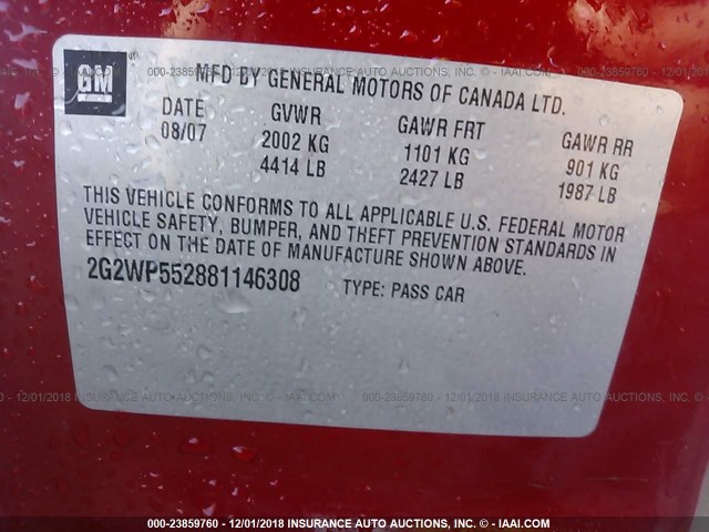 2G2WP552881146308 - 2008 PONTIAC GRAND PRIX წითელი ფოტო 9