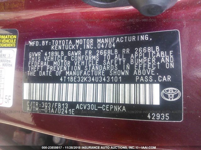 4T1BE32K34U343101 - 2004 TOYOTA CAMRY LE/XLE/SE MAROON photo 9