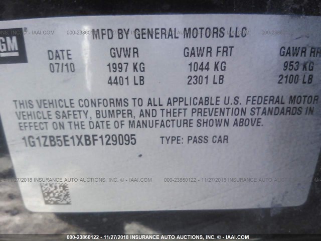 1G1ZB5E1XBF129095 - 2011 CHEVROLET MALIBU LS 黑色 照片 9