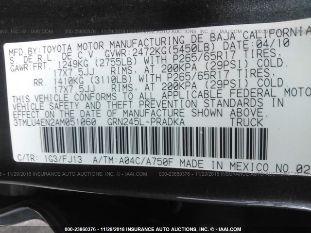 3TMLU4EN2AM051060 - 2010 TOYOTA TACOMA DOUBLE CAB 灰色 照片 9