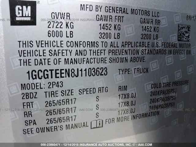 1GCGTEEN8J1103623 - 2018 CHEVROLET COLORADO ZR2 SILVER photo 9