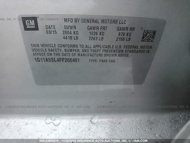 1G11A5SL4FF266481 - 2015 CHEVROLET MALIBU LS 银色 照片 9