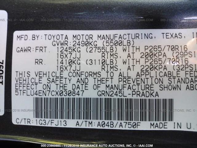 5TFLU4EN7CX030847 - 2012 TOYOTA TACOMA DOUBLE CAB GRAY photo 9