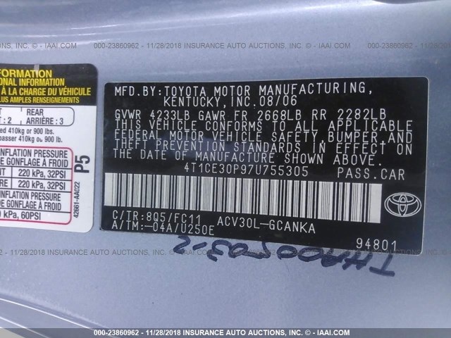 4T1CE30P97U755305 - 2007 TOYOTA CAMRY SOLARA SE/SLE BLUE photo 9