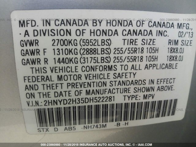 2HNYD2H35DH522281 - 2013 ACURA MDX TECHNOLOGY SILVER photo 9