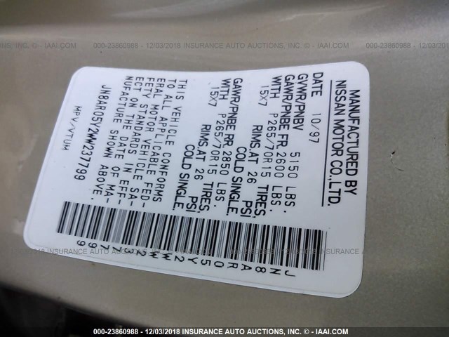 JN8AR05Y2WW237799 - 1998 NISSAN PATHFINDER LE/SE/XE GOLD photo 9